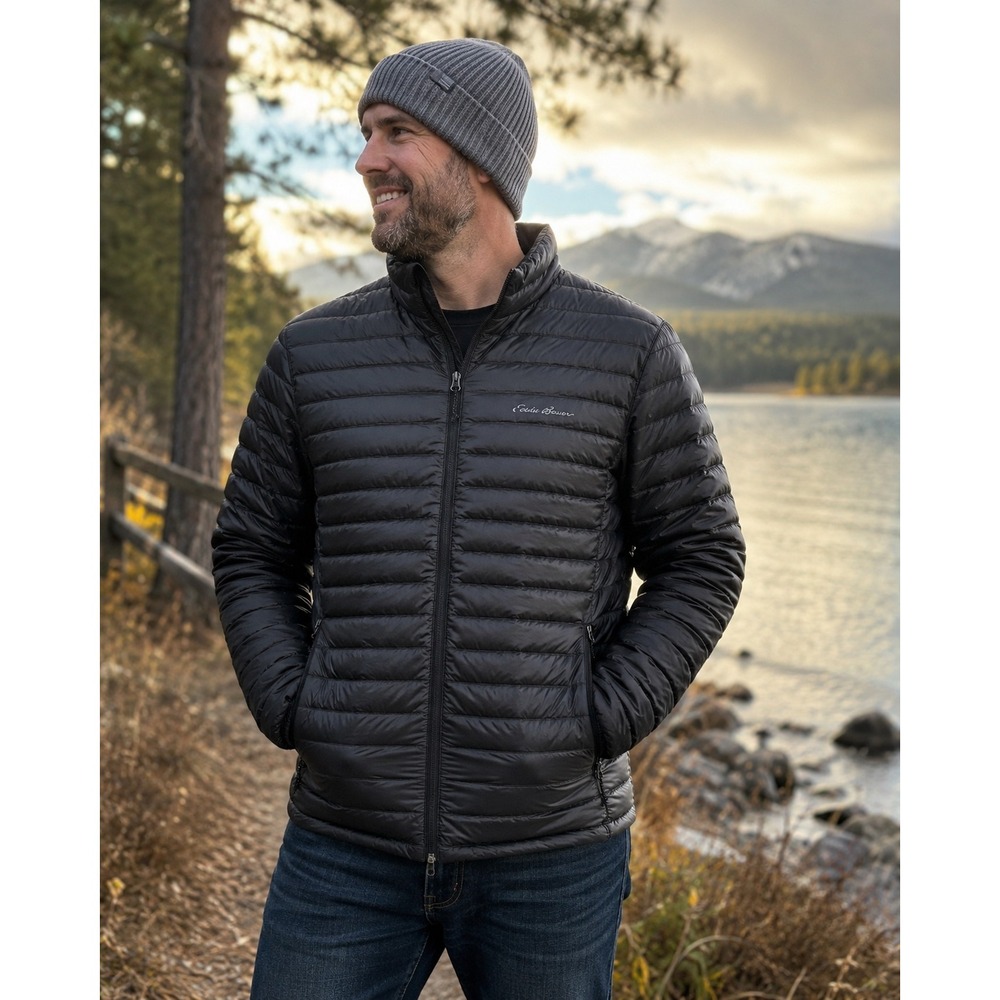 Eddie Bauer Mens XXL Black CirrusLite Down Puffer Jacket Full Zip Lightweight